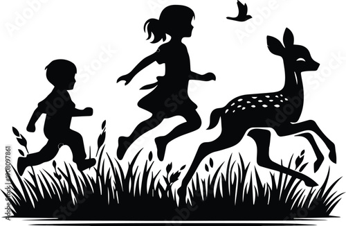 Silhouette illustration depicts two young children joyfully chasing a spotted fawn through tall grass alongside a small flying bird.