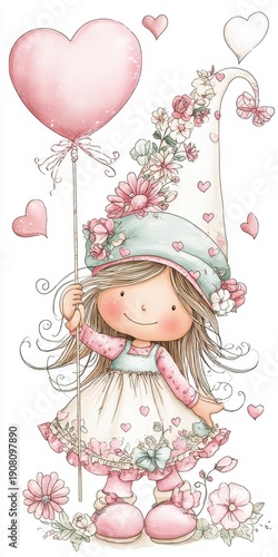 Cute elf girl holding a heart-shaped balloon on a spring background, cartoon illustration in pastel colors