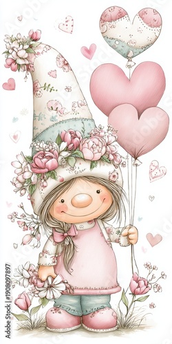 Cute elf girl holding a heart-shaped balloon on a spring background, cartoon illustration in pastel colors
