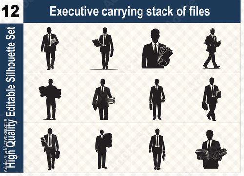 Silhouette set of 12 executives carrying a stack of files and documents, representing busy workload, office bureaucracy, and professional management.