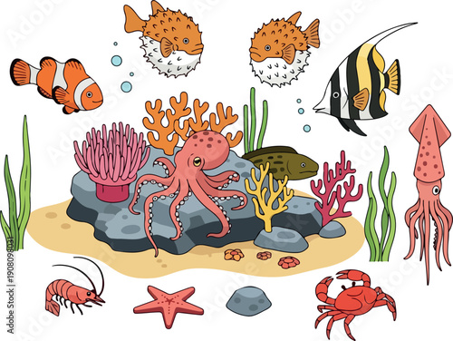 Vibrant ocean scene with diverse marine life illustration featuring octopus, fish, coral, and crustaceans in a colorful underwater environment.