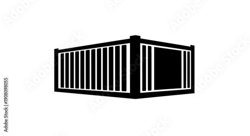 Black shipping container with open door graphic illustration.