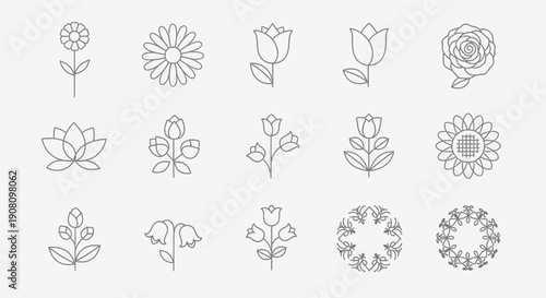A collection of minimalist line art flower icons and floral patterns on a light background, featuring various botanical designs.