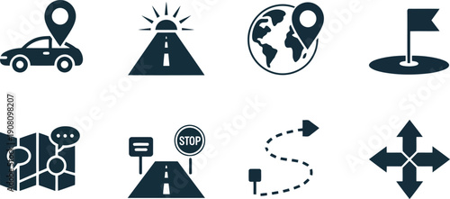 Blue graphic symbols depicting concepts of road travel, global exploration, and route identification