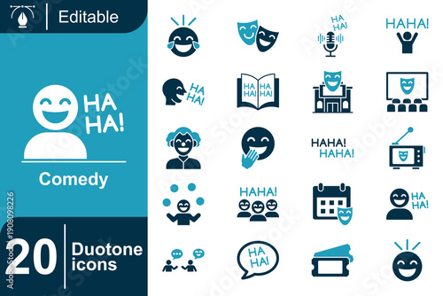 Collection of 20 Duotone Icons representing Comedy, Entertainment, Humor, Fun, and Laughter for various creative projects