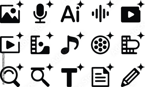 Black silhouette icons representing media, artificial intelligence, audio, and video editing functions with sparkling effects
