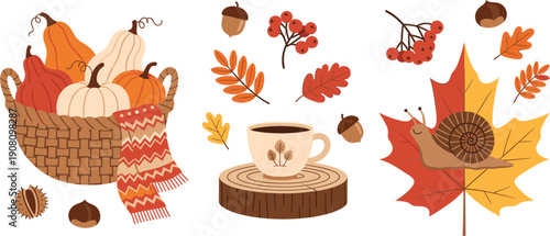 Autumn cozy lifestyle vector set with pumpkin basket wooden stump fall leaves mushrooms and seasonal nature elements