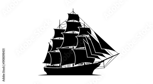 Vintage sailing ship with multiple masts and billowing sails.