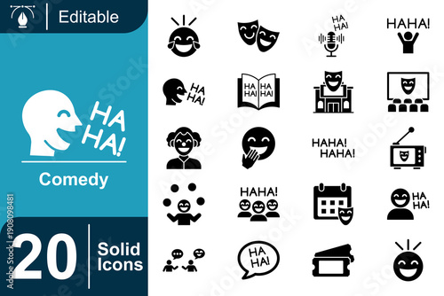 20 Solid Icons of Comedy, Humor, Laughter, Jokes, and Entertainment - Editable Vector Graphics for Fun and Joy