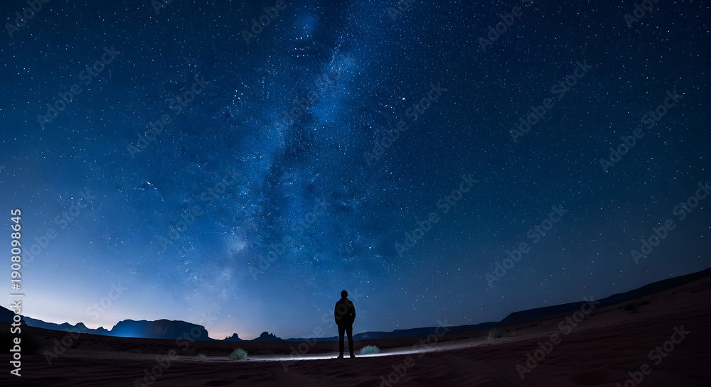 Fototapeta premium Man Standing Under Starry Night Sky.