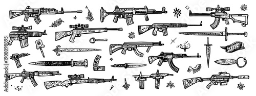 set of hand drawn weapons vector illustration 