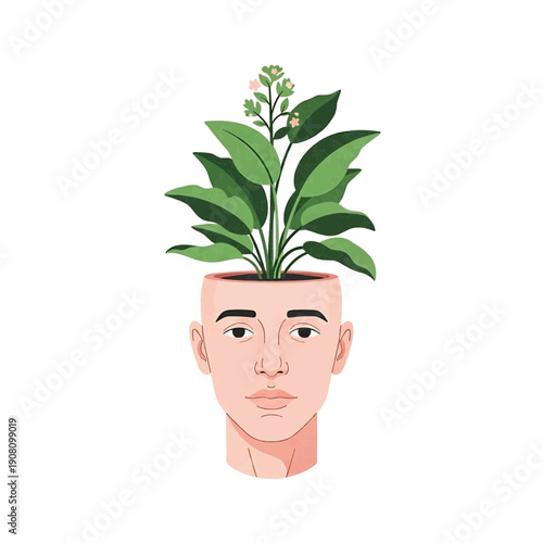 Plant growing out of man's head, flat illustration, green and peach, mental growth concept