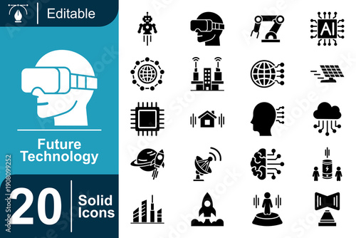 20 Futuristic Technology Icons Innovation, AI, VR, Robotics, Cybernetics, and Digital Transformation Concepts