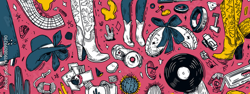 cowboy style disco banner for party western style art drawing design vector illustration