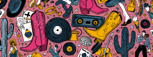 cowboy style disco banner for party western style art drawing design vector illustration