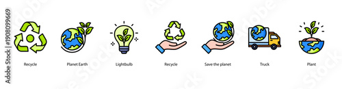 Environmental Responsibility web banner illustration featuring Recycle, Planet Earth, Lightbulb, Recycle, Save the planet, Truck, and Plant.