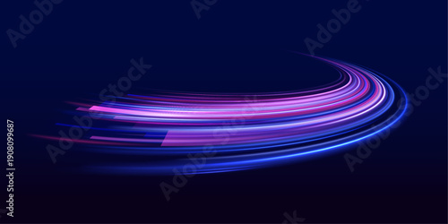 Glowing neon laser speed lines stream through city road highway traffic at night. Light police motion wave builds futuristic energy trail and clear direction with color glow. Vector Illustration.