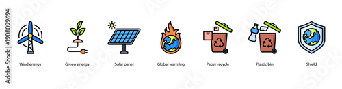 Renewable Energy web banner illustration featuring Wind energy, Green energy, Solar panel, Global warming, Paper recycle, Plastic bin, and Shield.