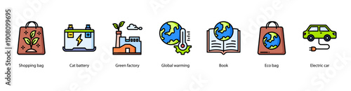Green Innovation web banner illustration featuring Shopping bag, Cat battery, Green factory, Global warming, Book, Eco bag, and Electric car.