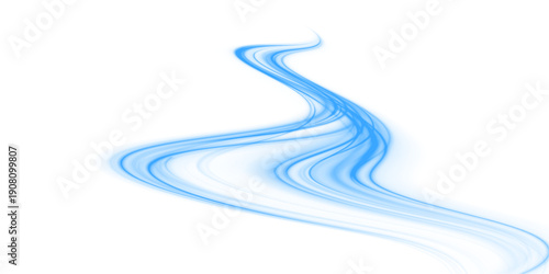 Futuristic neon laser blue lines move through city highway road traffic. Light motion wave creates energy trail and glowing direction. Fresh air enhances dynamic flow. PNG vector.