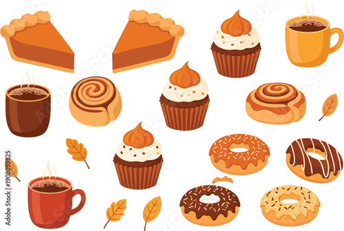 Autumn dessert and coffee vector illustration set with pumpkin pie cupcakes donuts pastries and hot beverages isolated