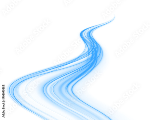 Futuristic neon laser blue lines move through city highway road traffic. Light motion wave creates energy trail and glowing direction. Fresh air enhances dynamic flow. PNG vector.