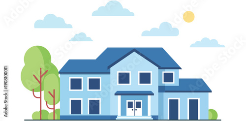 A beautiful blue house with a tree in front of it under a sunny sky