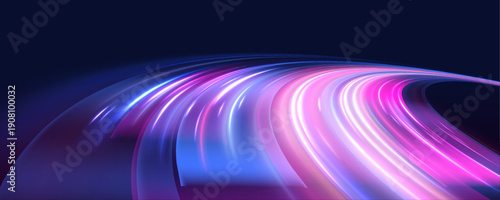 Glowing neon laser speed lines stream through city road highway traffic at night. Light police motion wave builds futuristic energy trail and clear direction with color glow. Vector Illustration.