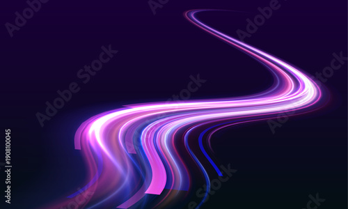 Futuristic neon laser motion lines sweep across city highway road traffic in dark atmosphere. Light wave energy trail forms glowing direction, smooth movement with color effects. Vector Illustration.