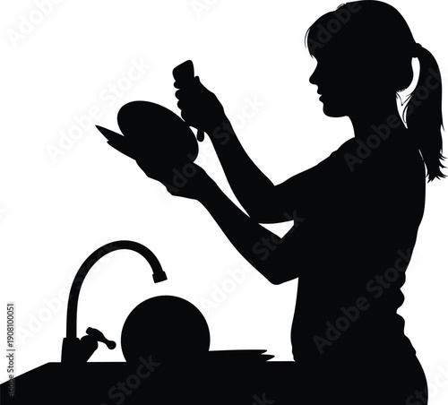 Woman washing dishes in kitchen sink with soap and sponge illustration from side view