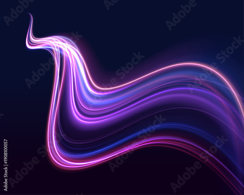 Futuristic neon laser motion lines sweep across city highway road traffic in dark atmosphere. Light wave energy trail forms glowing direction, smooth movement with color effects. Vector Illustration.