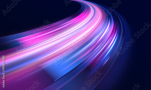 Neon laser speed lines travel across night city highway road traffic. Light motion wave forms futuristic energy trail, race, radiant color accents police. Vector illustration.