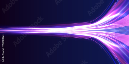 Futuristic neon laser motion lines stream along city road highway traffic at night. Light energy wave builds glowing direction and smooth trail enhanced by color effects. Vector illustration .