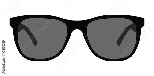 A pair of black sunglasses with dark gray lenses on a white background