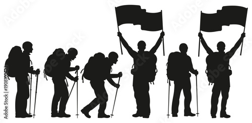 A group of hikers in silhouette celebrating their achievement with flags