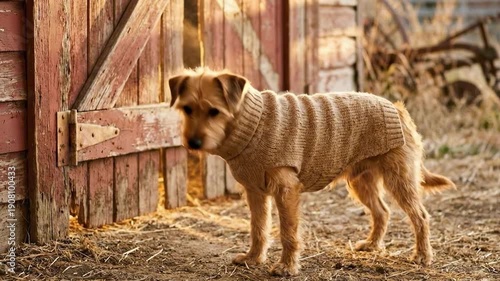 Wallpaper Mural dog in sweater. A small, golden-brown dog wearing a cozy, knitted sweater stands attentively beside a weathered barn door, bathed in warm sunlight, with rustic farm elements in the background Torontodigital.ca