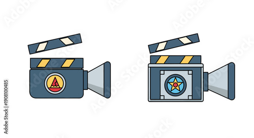 Two cartoon movie cameras with clapperboards on white background