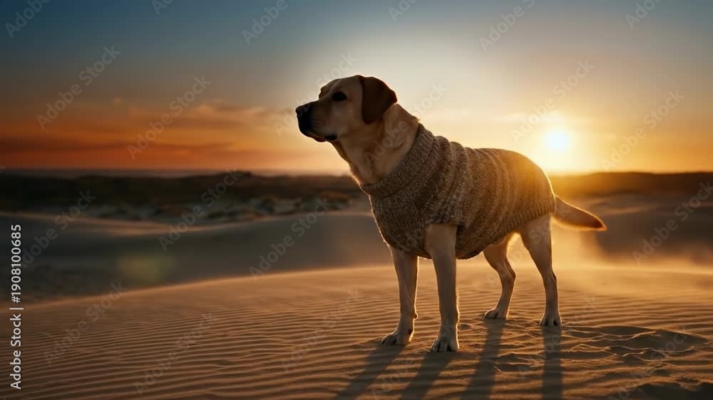 custom made wallpaper toronto digitaldog in sweater. A golden labrador stands gracefully on sandy dunes at sunset, adorned in a cozy knitted sweater, as warm light casts a soft glow, creating a serene atmosphere