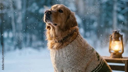 Wallpaper Mural dog in sweater. A golden retriever sits in a snowy landscape, wearing a cozy knitted sweater, with a warm lantern glowing beside it, surrounded by trees softly blanketed in snow Torontodigital.ca