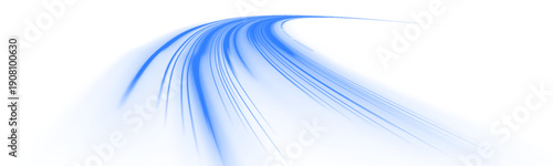 Futuristic neon laser blue motion lines sweep across city highway road traffic. Light wave energy trail shapes dynamic movement and glowing direction. Cold wind enhances motion. PNG vector.