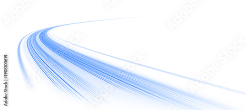 Neon laser blue speed motion lines travel across city road highway traffic. Light wave energy trail builds futuristic direction and glowing movement. Liquid flow inspires form. PNG vector.