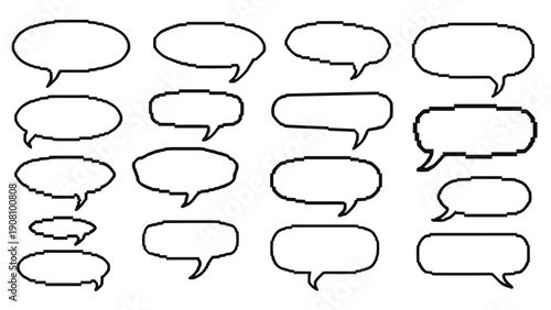 Set of simple black outline speech bubbles in various oval and rectangular shapes for text or dialogue against a plain white background.