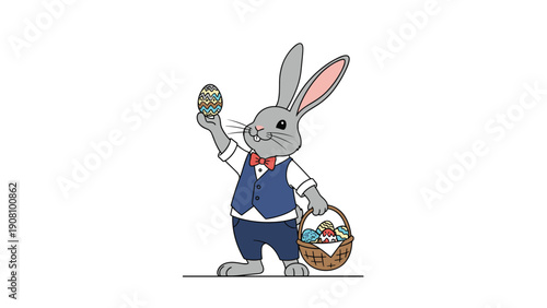 Dapper gray easter bunny in a formal blue vest and bow tie holding up a decorated egg and carrying a basket full of colorful eggs.