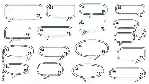 Array of speech bubbles and dialogue frames with dotted outlines and quotation marks for stylish and modern digital messaging.