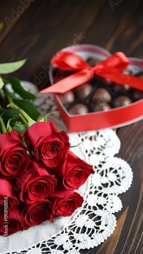Red roses bouquet on a wooden table, symbolizing love, romance and celebration with a box of heart-shaped candy