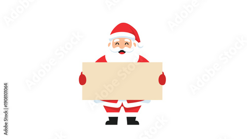 Smiling Santa Claus in his traditional red and white suit holding a large blank beige rectangular sign for holiday messages.