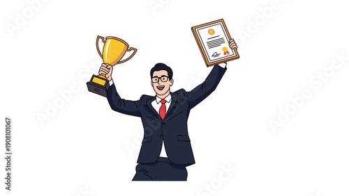 Triumphant businessman in a suit celebrating while holding a gold trophy cup and a framed achievement certificate with a smile.