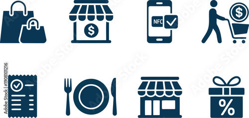 Collection of various shopping, retail, and payment method icons for modern commerce and consumer experience