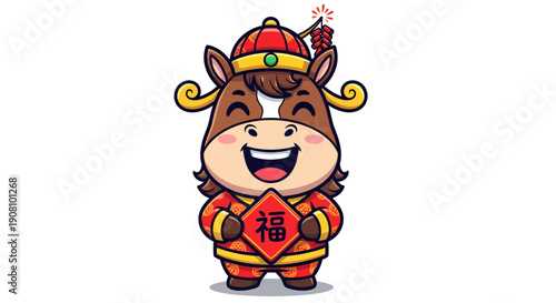 Adorable cartoon zodiac horse wearing traditional costume and holding a red Fu blessing symbol.