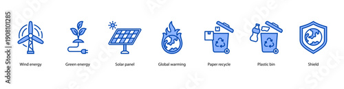 Renewable Energy web banner illustration featuring Wind energy, Green energy, Solar panel, Global warming, Paper recycle, Plastic bin, and Shield.